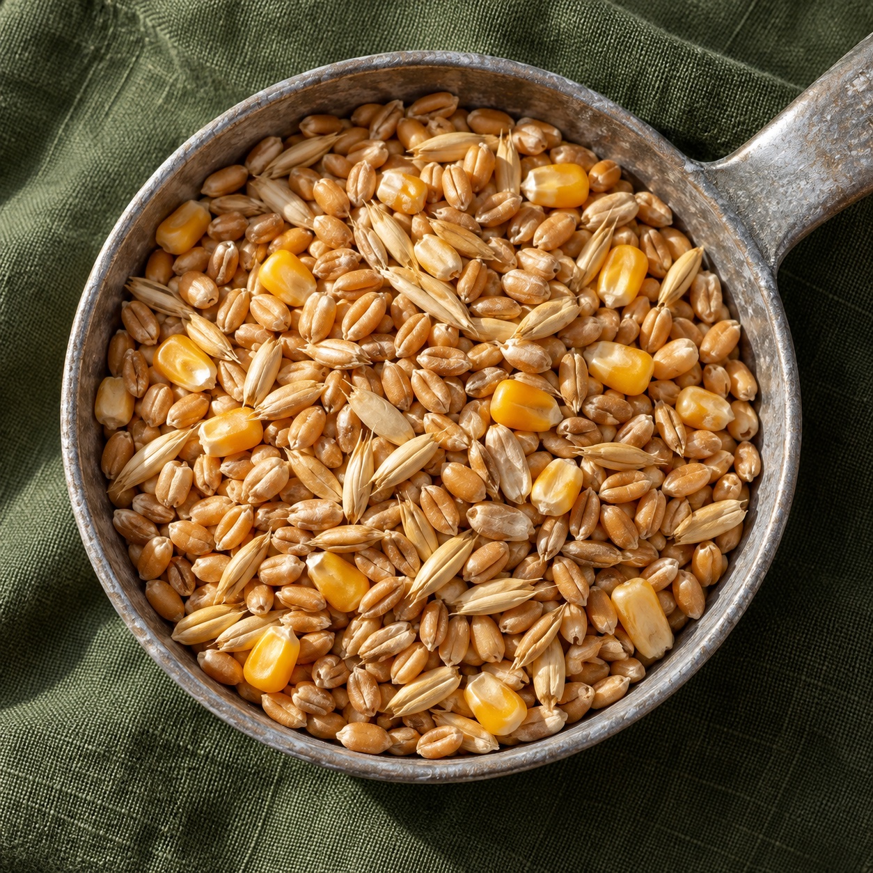 Illustrative golden grains in a galvanized scoop on green linen
